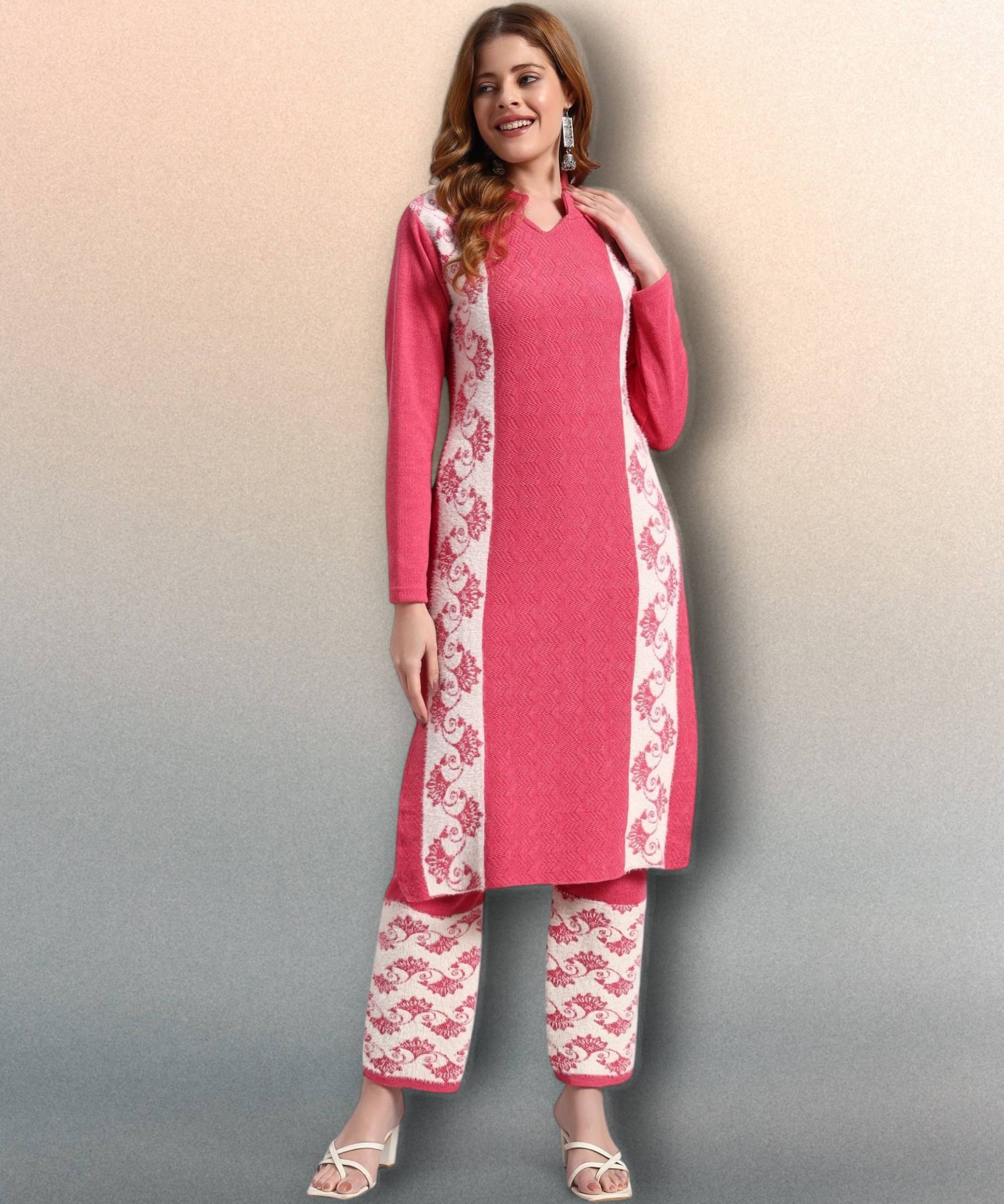    			ZEPPI Women Woollen Self Design Straight Kurti With Palazzo ( Magenta )