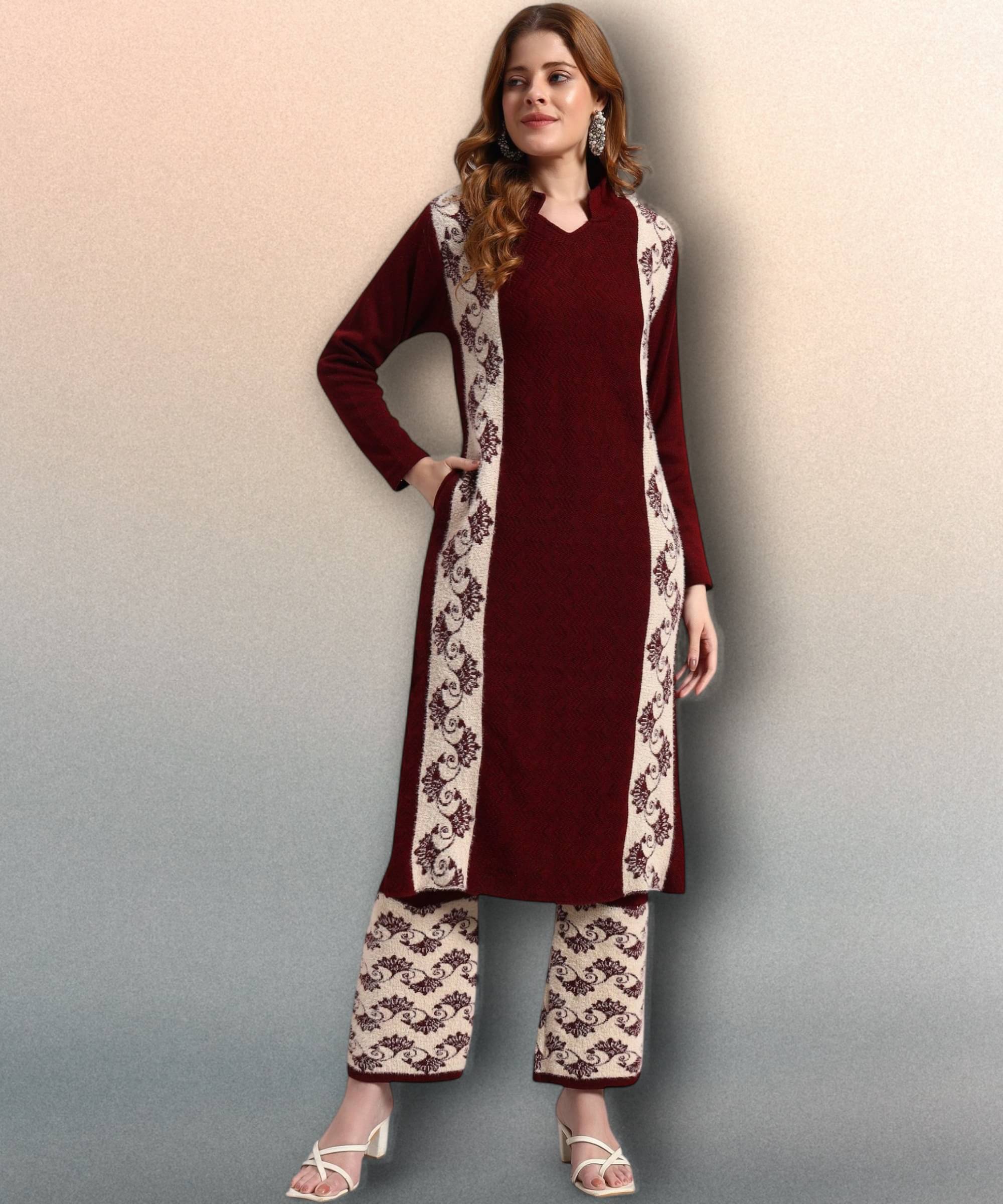     			ZEPPI Women Woollen Self Design Straight Kurti With Palazzo ( Wine )