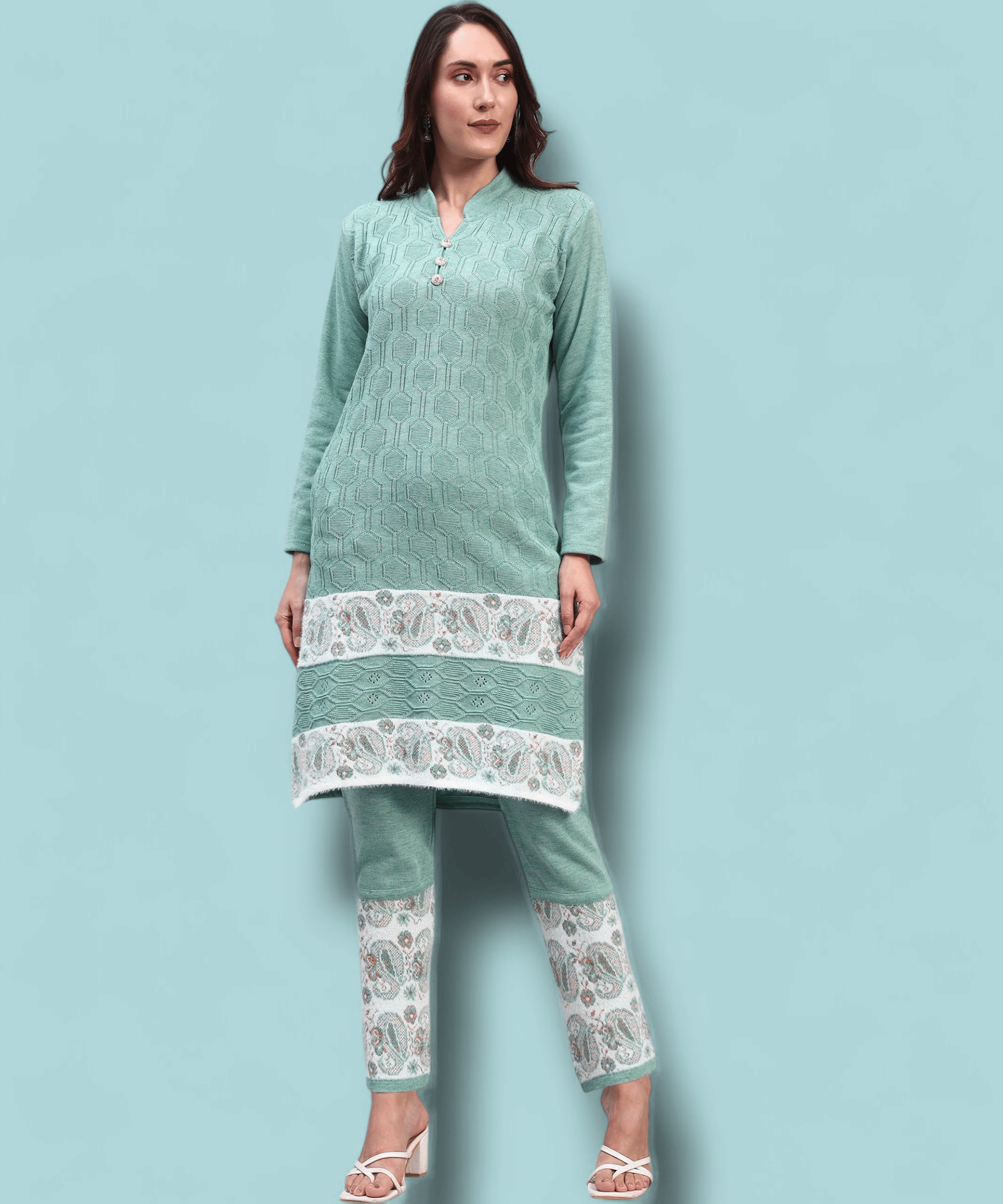 ZEPPI Women Woollen Self Design Straight Kurti With Palazzo ( Green )     			ZEPPI Women Woollen Self Design Straight Kurti With Palazzo ( Green )