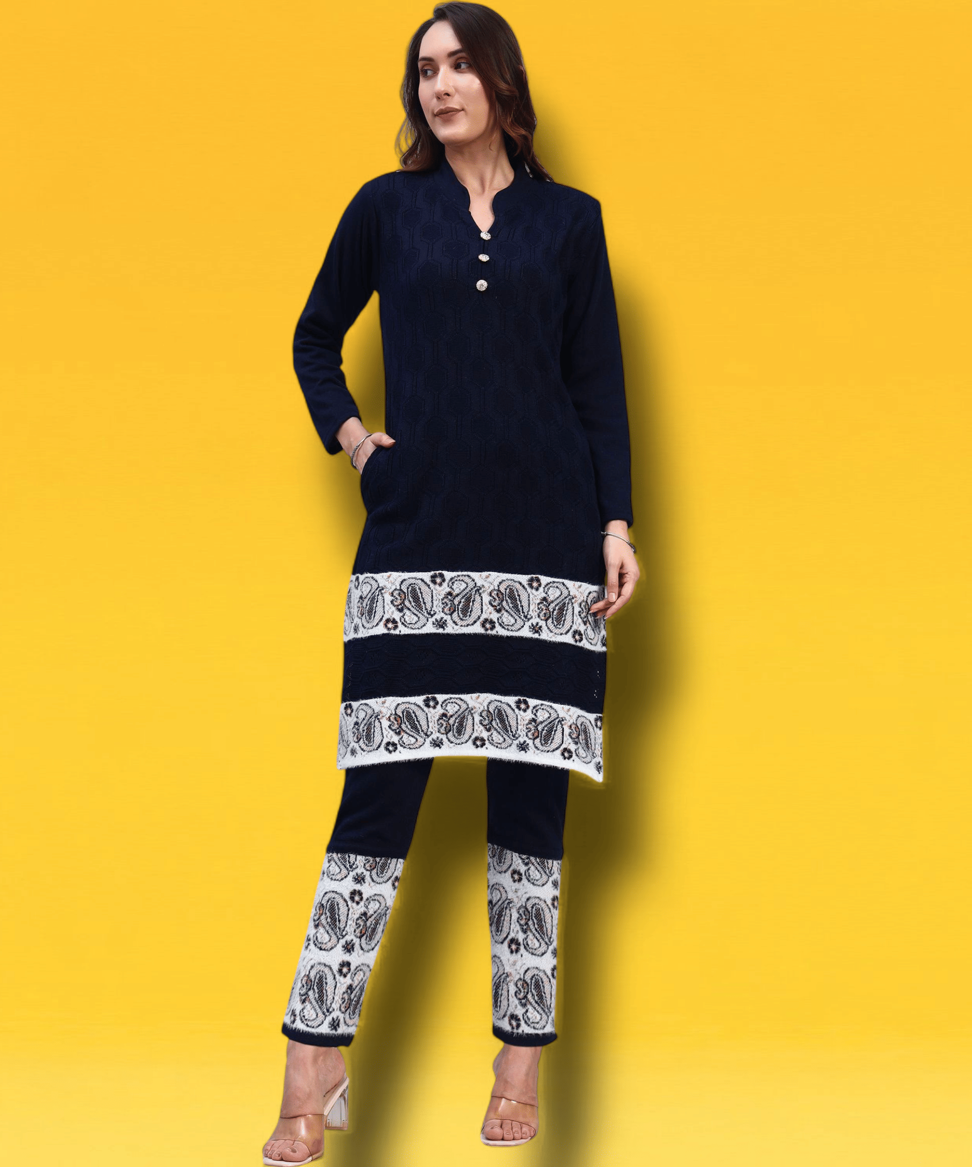 ZEPPI Women Woollen Self Design Straight Kurti With Palazzo ( Navy ) ZEPPI Women Woollen Self Design Straight Kurti With Palazzo ( Navy )