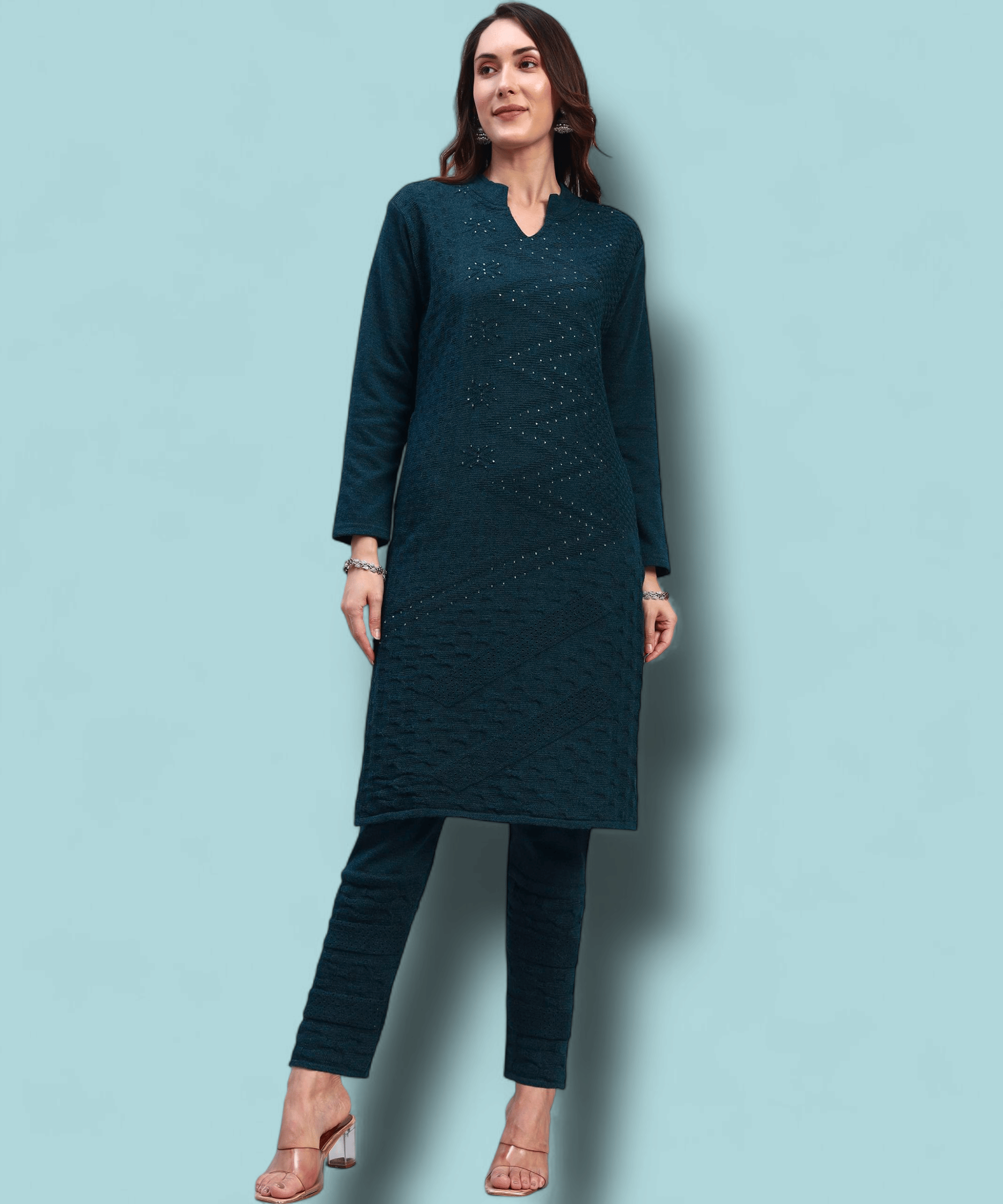    			ZEPPI Women Woollen Self Design Straight Kurti With Palazzo ( Blue )