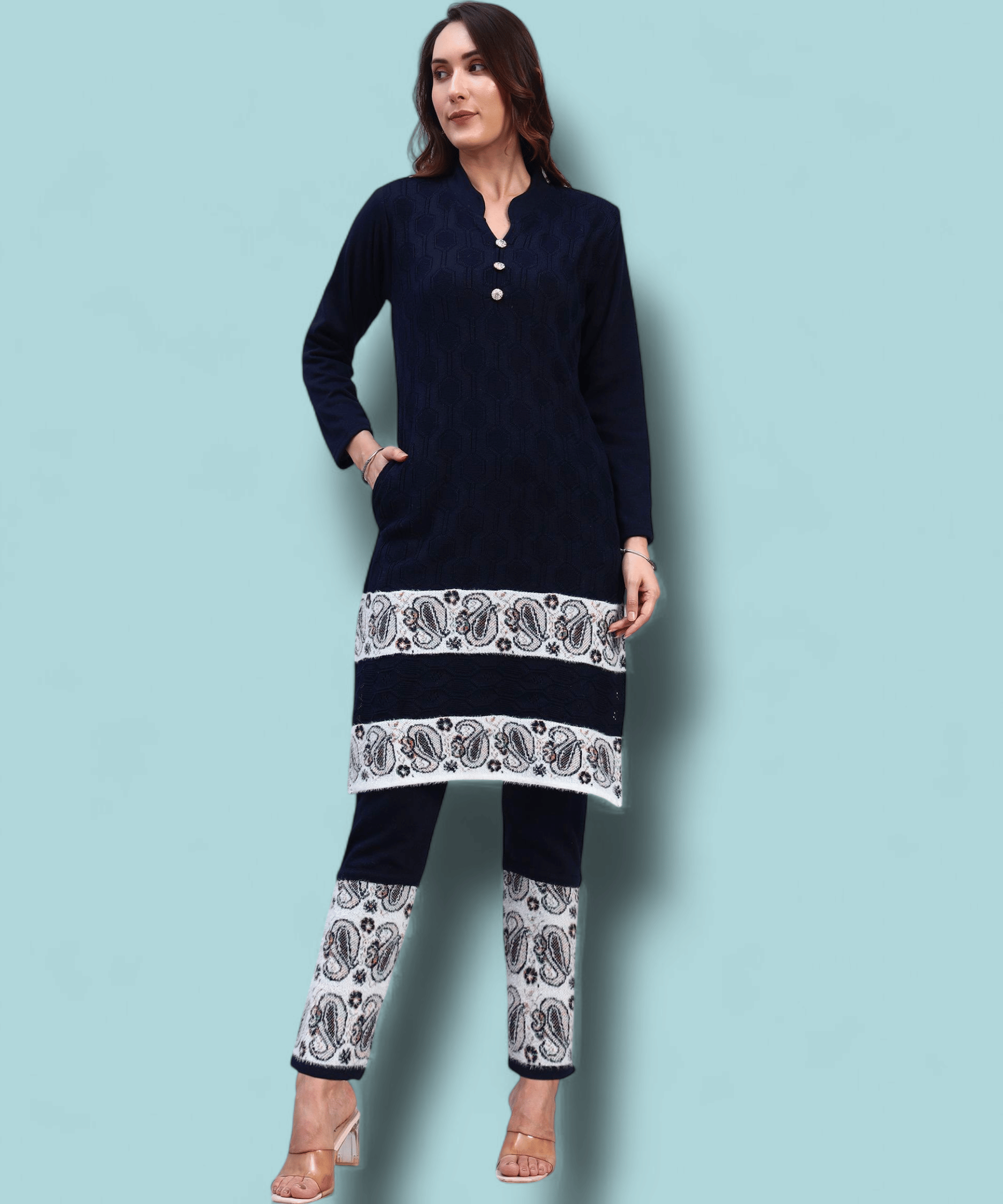     			ZEPPI Women Woollen Self Design Straight Kurti With Palazzo ( Navy )