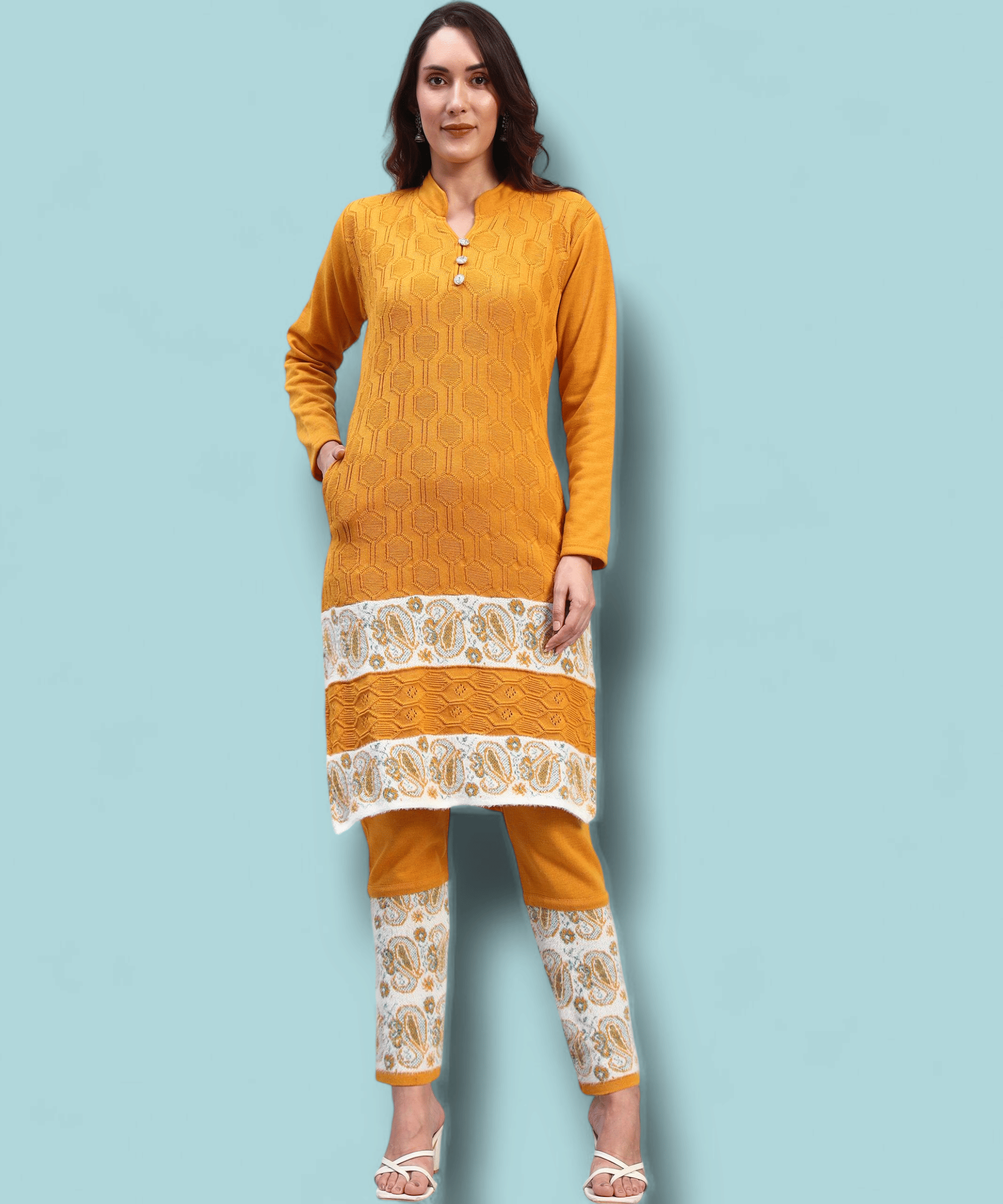 ZEPPI Women Woollen Self Design Straight Kurti With Palazzo ( Mustard ) ZEPPI Women Woollen Self Design Straight Kurti With Palazzo ( Mustard )