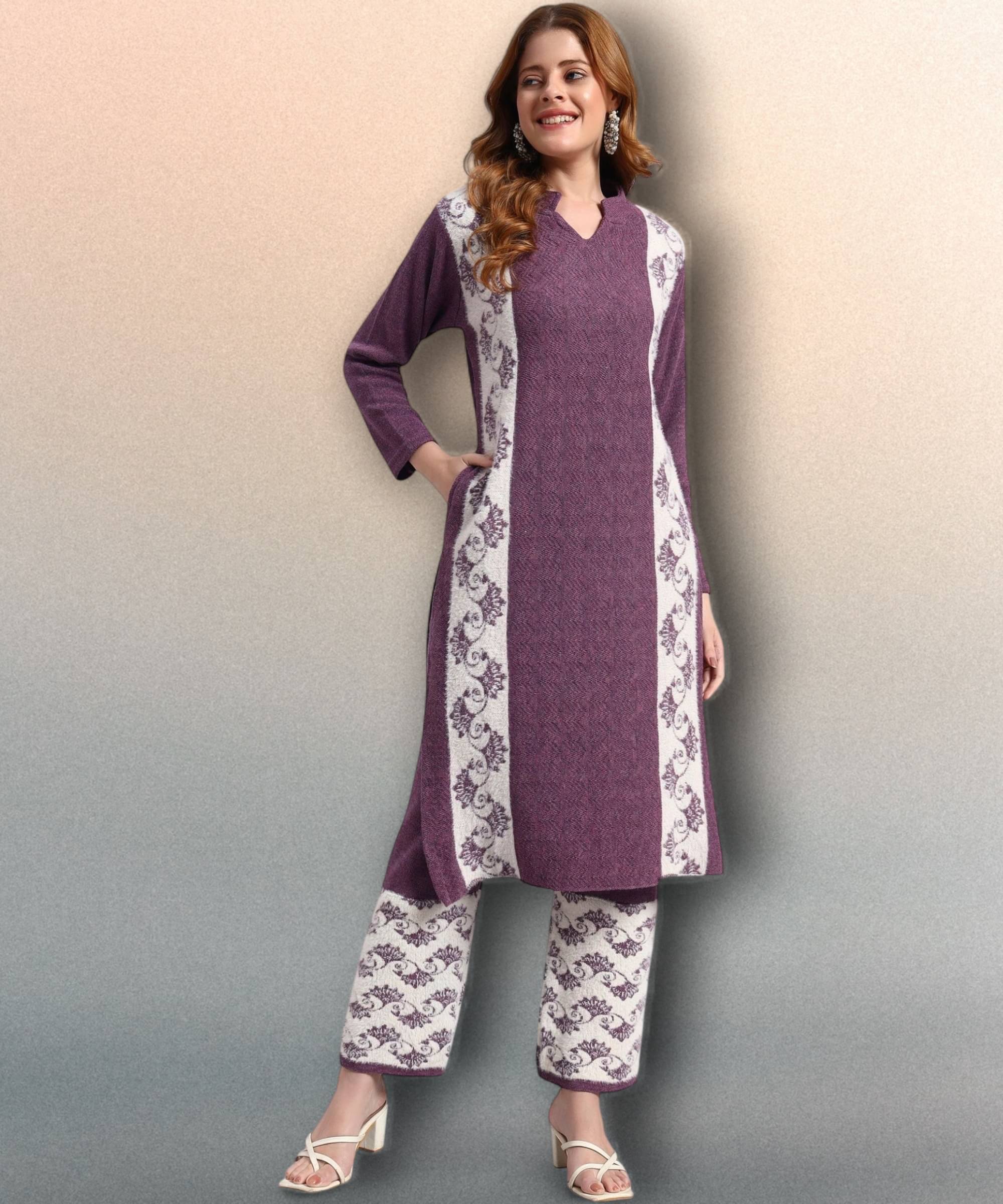     			ZEPPI Women Woollen Self Design Straight Kurti With Palazzo ( Lavender )
