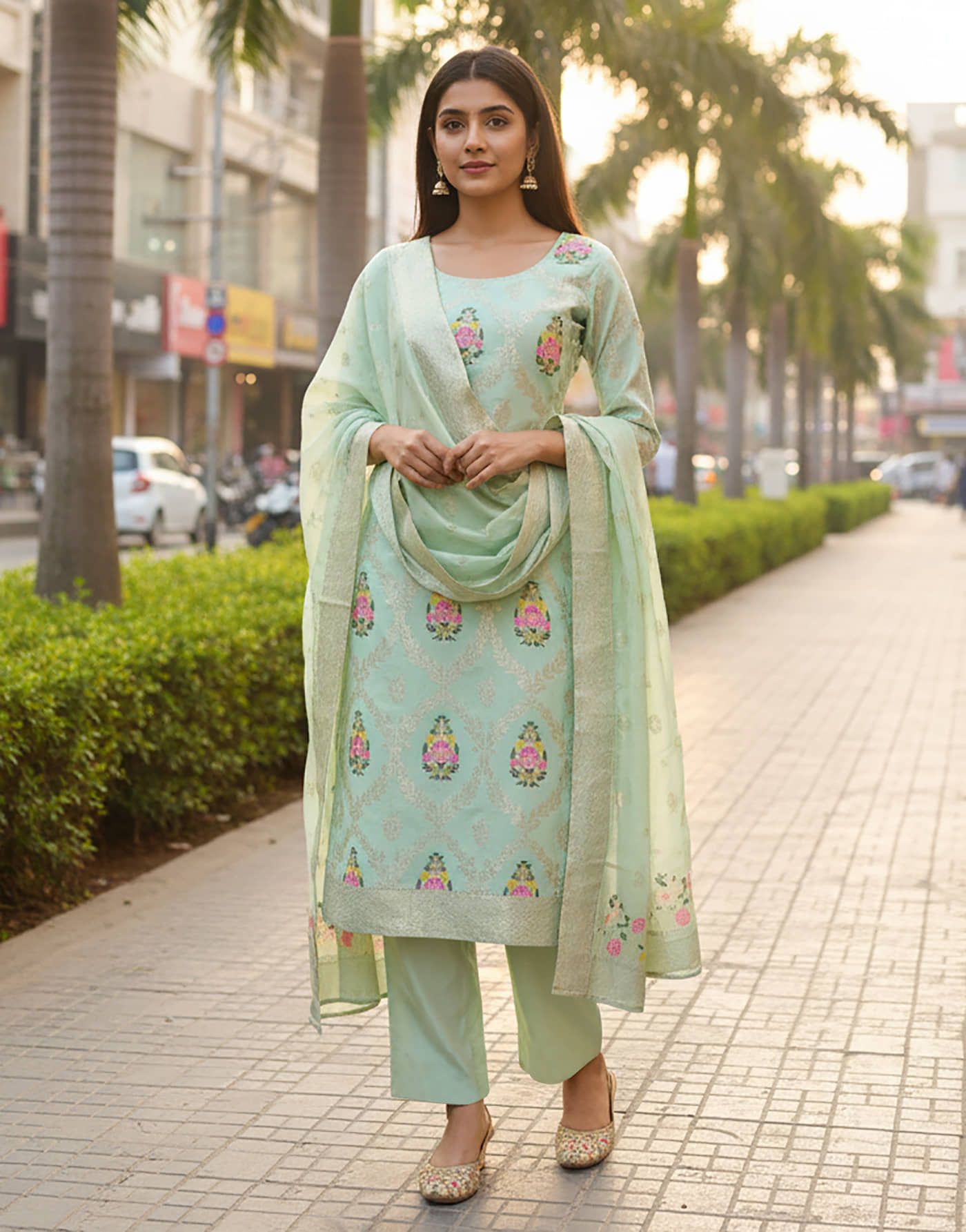 kedar fab Women Silk Blend Self Design Straight Kurti With Pants ( Mint Green )