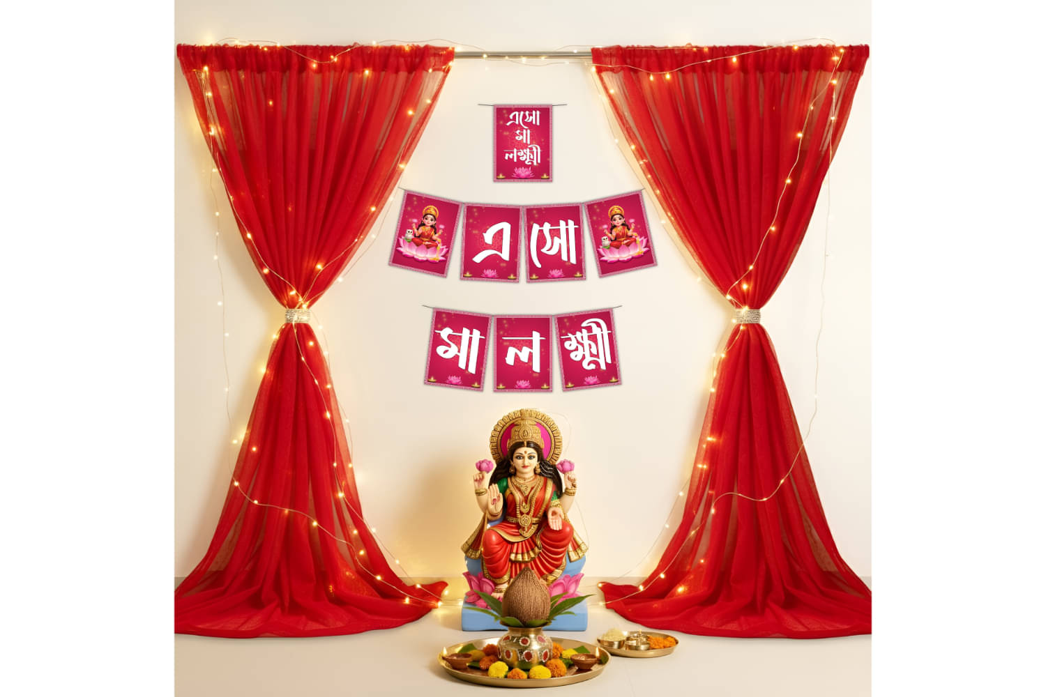    			1iAM Lakshmi Puja Decoration Items Pack of 10 - Bengali "Esho Maa Lokkhi" Banner, Red Net, Light, Hooks & Ribbon For Home, Office, Pandal, Shop & Temple | Traditional Lakshmi Puja Decoration Package