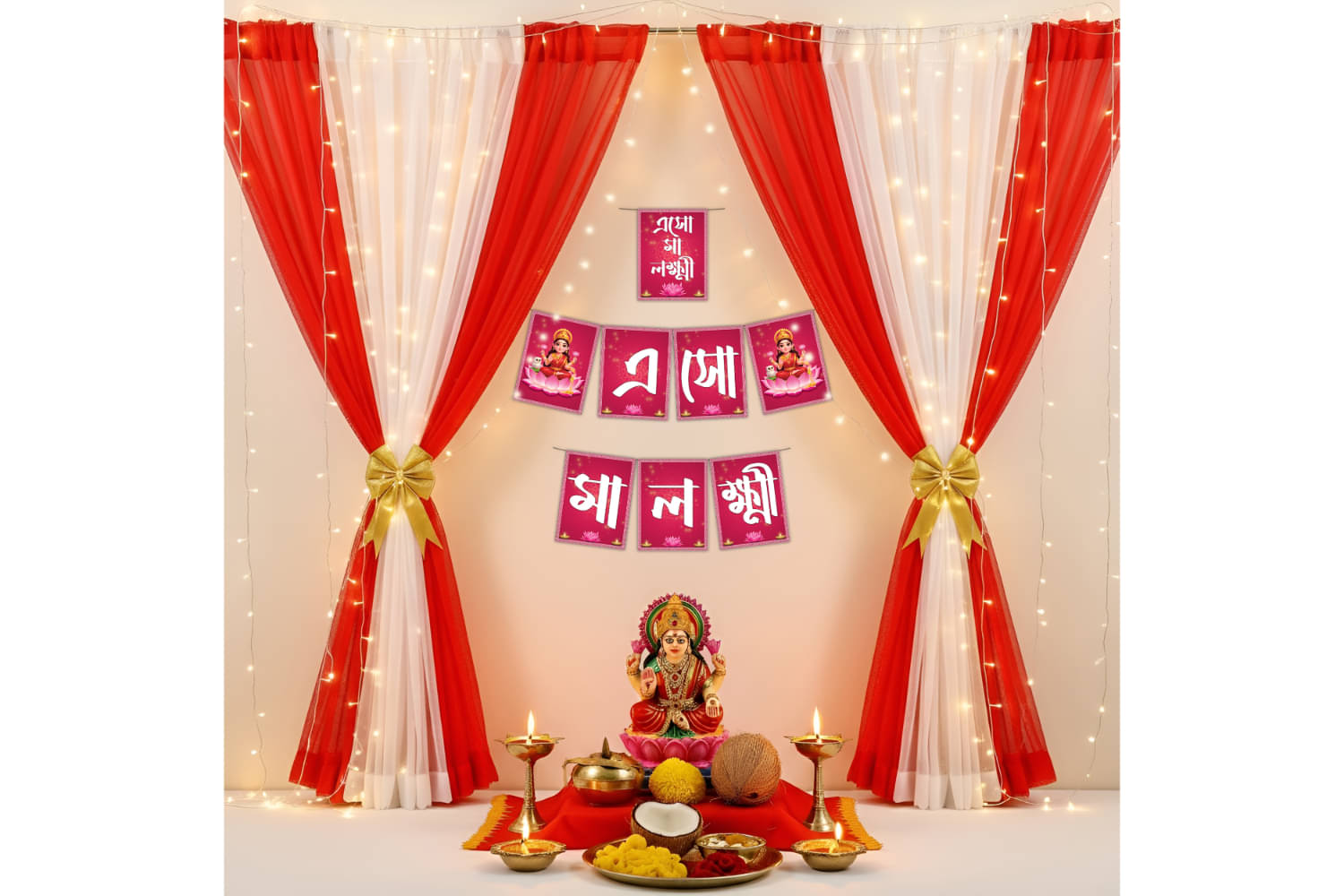     			1iAM Lakshmi Puja Decoration Items Pack of 14 - Bengali "Esho Maa Lokkhi" Banner, Red & White Net, Light, Hooks, Ribbon For Home, Office, Pandal & Temple | Traditional Lakshmi Puja Decoration Package