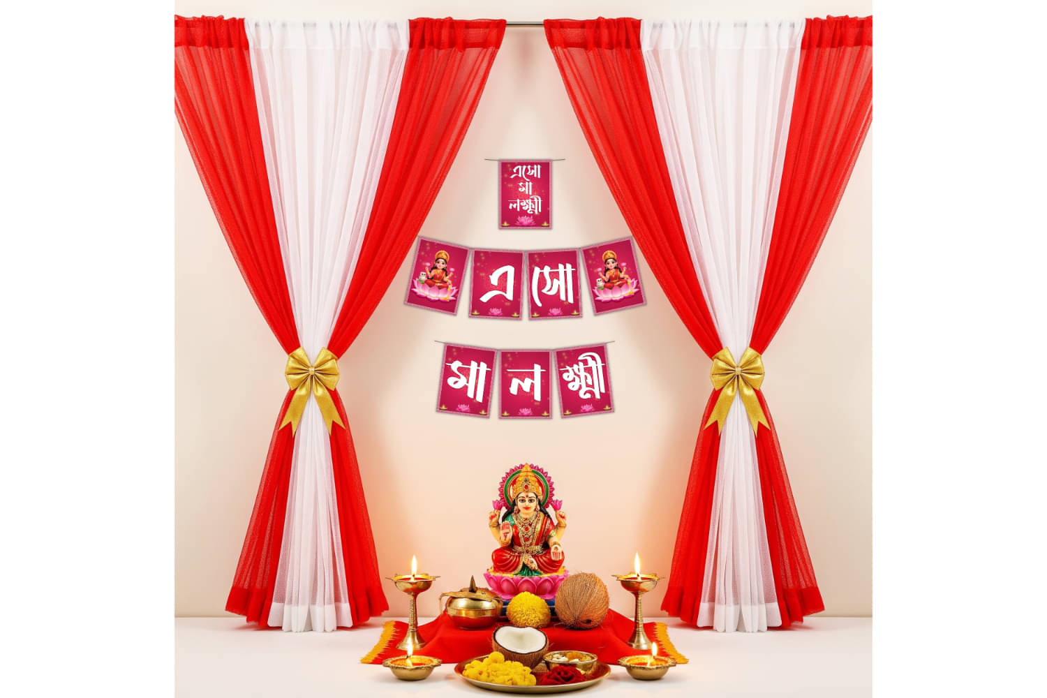     			1iAM Lakshmi Puja Decoration Items Pack of 13 - Bengali "Esho Maa Lokkhi" Banner, Red & White Net, Hooks, Ribbon For Home, Office, Shop, Pandal & Temple | Traditional Lakshmi Puja Decoration Package