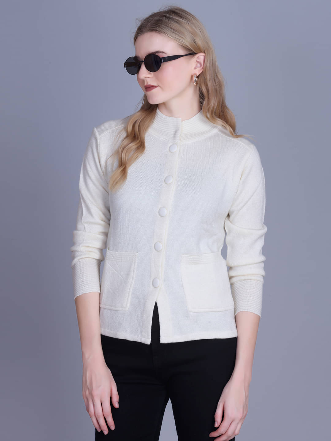 7 ISLANDS Acrylic High Neck Women's Buttoned Cardigans - White ( Pack of 1 ) 7 ISLANDS Acrylic High Neck Women's Buttoned Cardigans - White ( Pack of 1 )