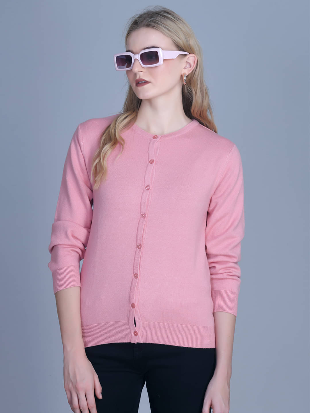     			7 ISLANDS Acrylic Round Neck Women's Buttoned Cardigans - Pink ( Pack of 1 )