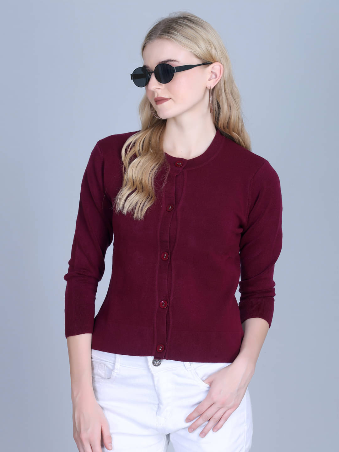     			7 ISLANDS Acrylic Round Neck Women's Buttoned Cardigans - Maroon ( Pack of 1 )