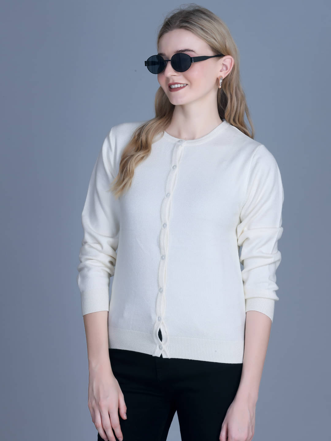     			7 ISLANDS Acrylic Round Neck Women's Buttoned Cardigans - White ( Pack of 1 )