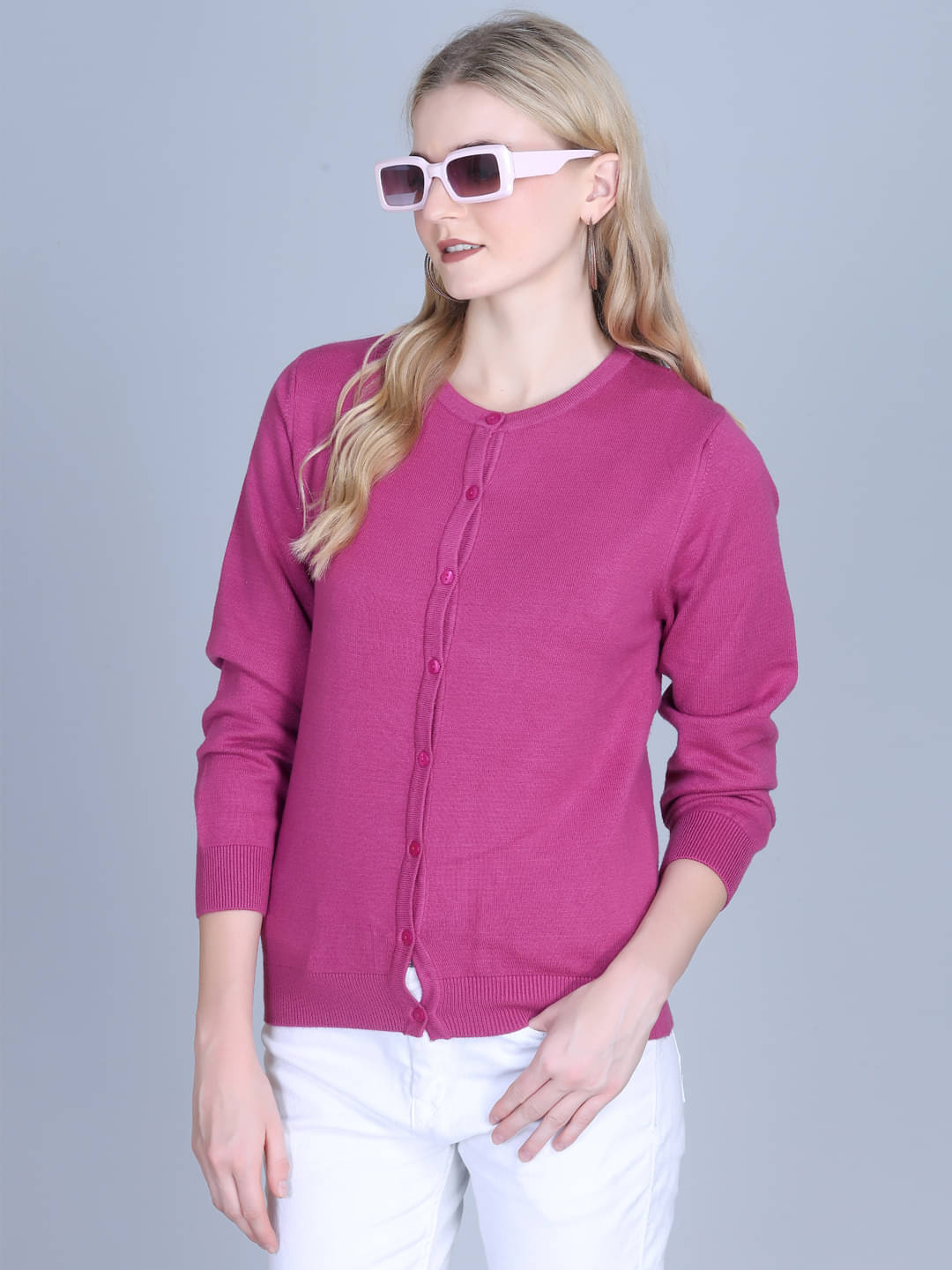     			7 ISLANDS Acrylic Round Neck Women's Buttoned Cardigans - Pink ( Pack of 1 )