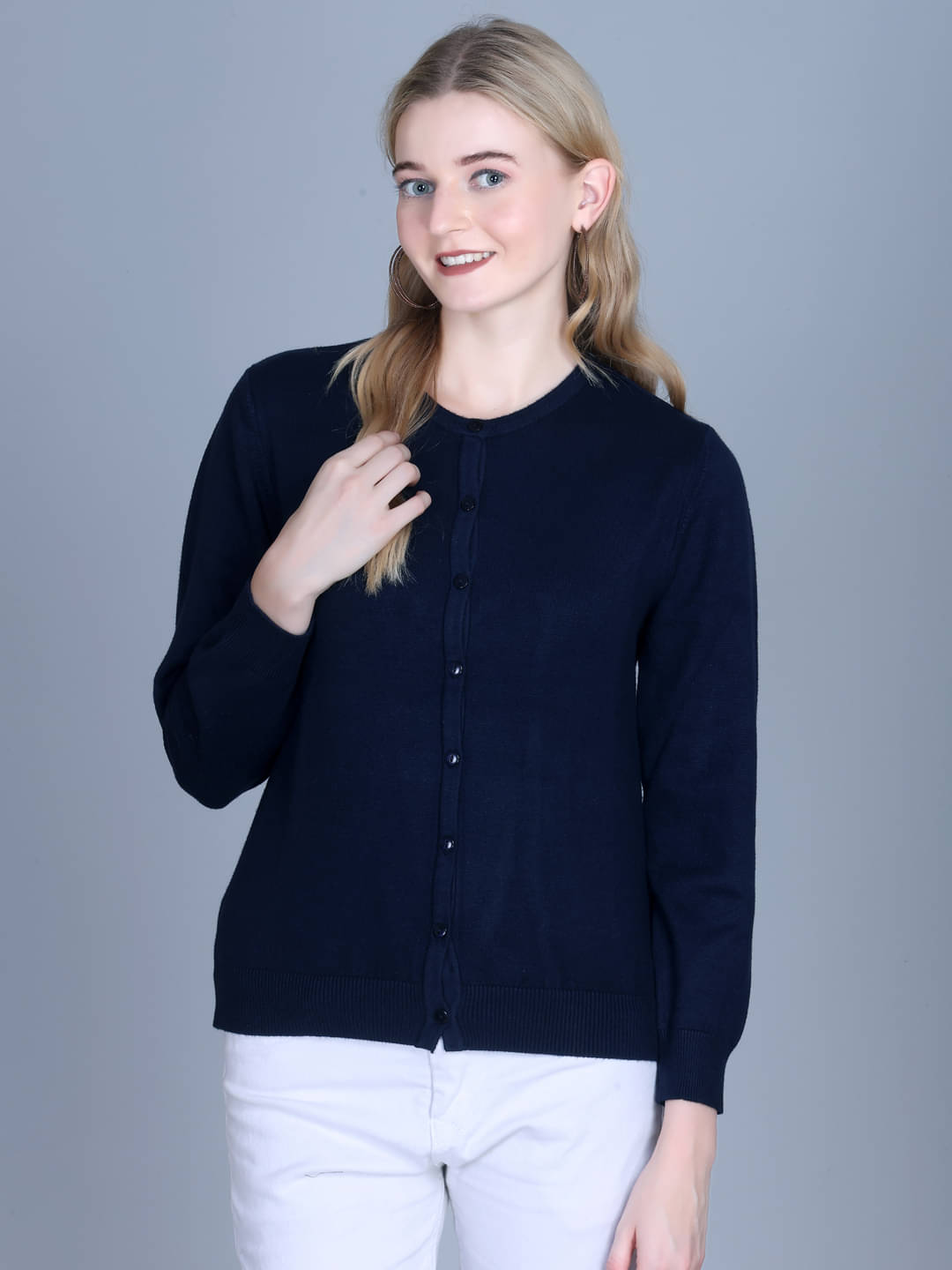 7 ISLANDS Women Acrylic Round Neck Cardigan ( Navy ) 7 ISLANDS Women Acrylic Round Neck Cardigan ( Navy )