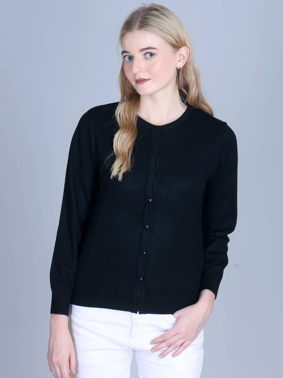     			7 ISLANDS Women Acrylic Round Neck Cardigan ( Black )