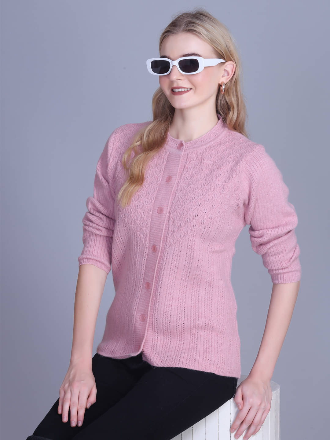     			7 ISLANDS Acrylic Round Neck Women's Buttoned Cardigans - Pink ( Pack of 1 )