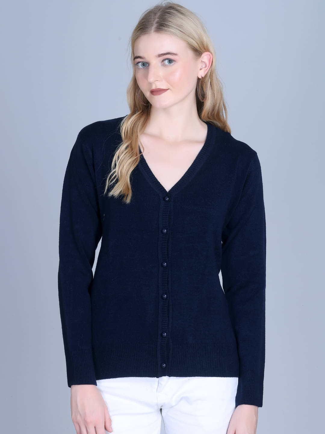7 ISLANDS Women Acrylic V-Neck Cardigan ( Navy ) 7 ISLANDS Women Acrylic V-Neck Cardigan ( Navy )