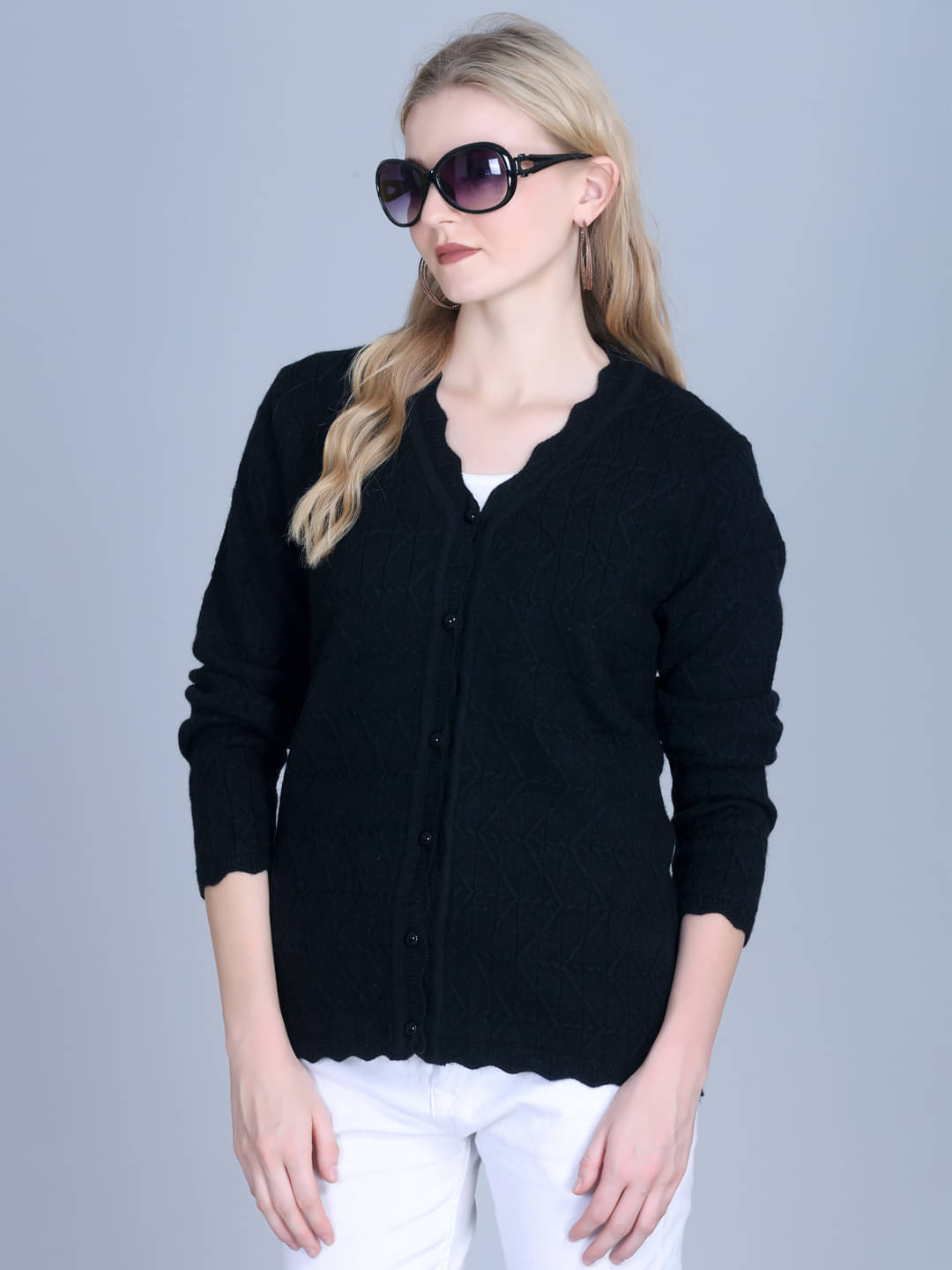     			7 ISLANDS Acrylic V Neck Women's Buttoned Cardigans - Black ( Pack of 1 )