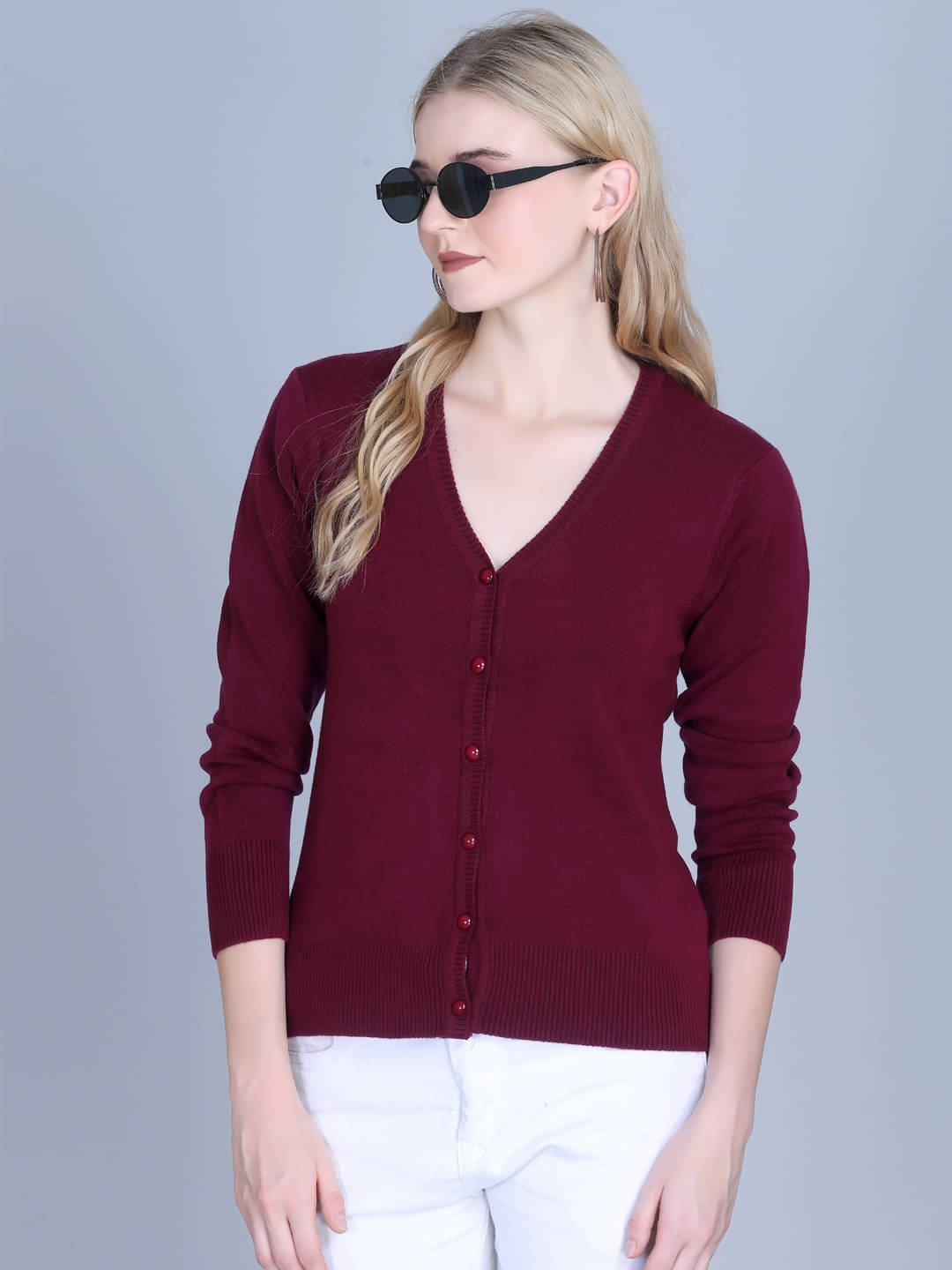     			7 ISLANDS Acrylic V Neck Women's Buttoned Cardigans - Maroon ( Pack of 1 )