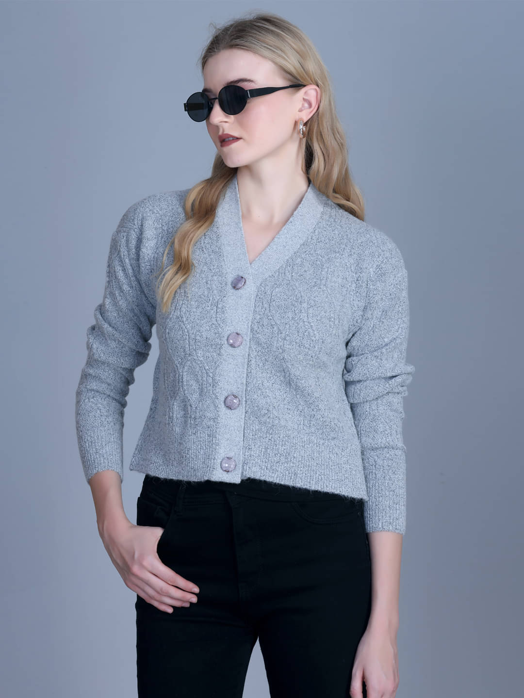 7 ISLANDS Women Acrylic V-Neck Cardigan ( Blue ) 7 ISLANDS Women Acrylic V-Neck Cardigan ( Blue )