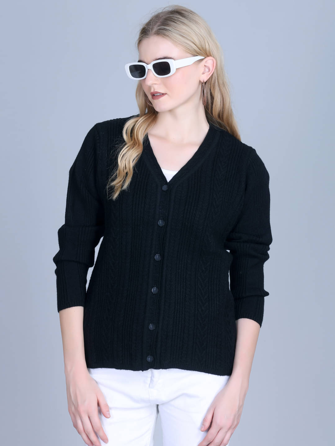     			7 ISLANDS Acrylic V Neck Women's Buttoned Cardigans - Black ( Pack of 1 )