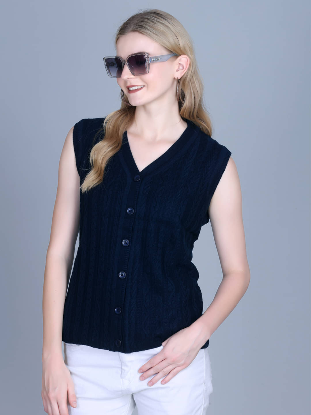     			7 ISLANDS Acrylic V Neck Women's Buttoned Cardigans - Navy ( Pack of 1 )
