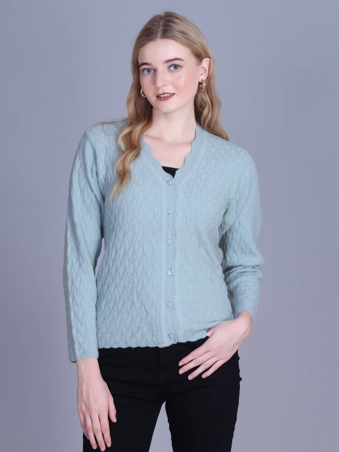     			7 ISLANDS Women Acrylic V-Neck Cardigan ( Blue )