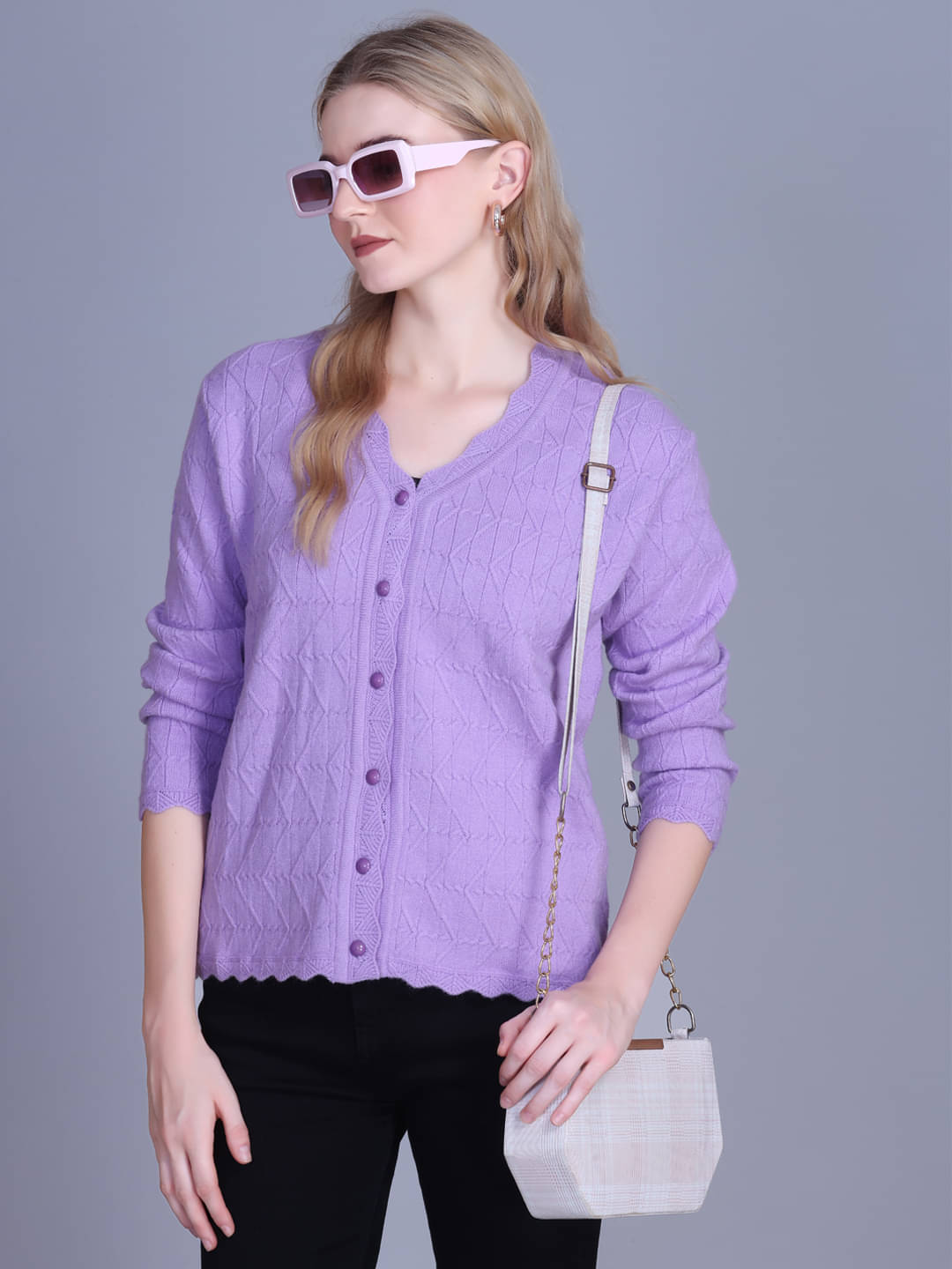    			7 ISLANDS Acrylic V Neck Women's Buttoned Cardigans - Purple ( Pack of 1 )