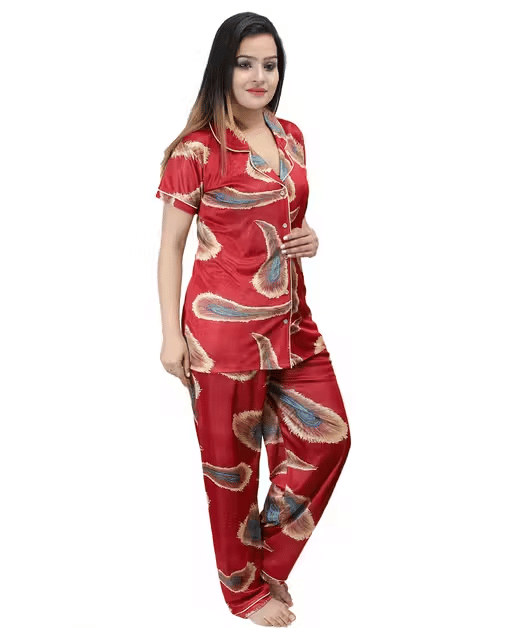     			ANSH Collections Satin Printed Women Shirt with Pyjama ( Red )