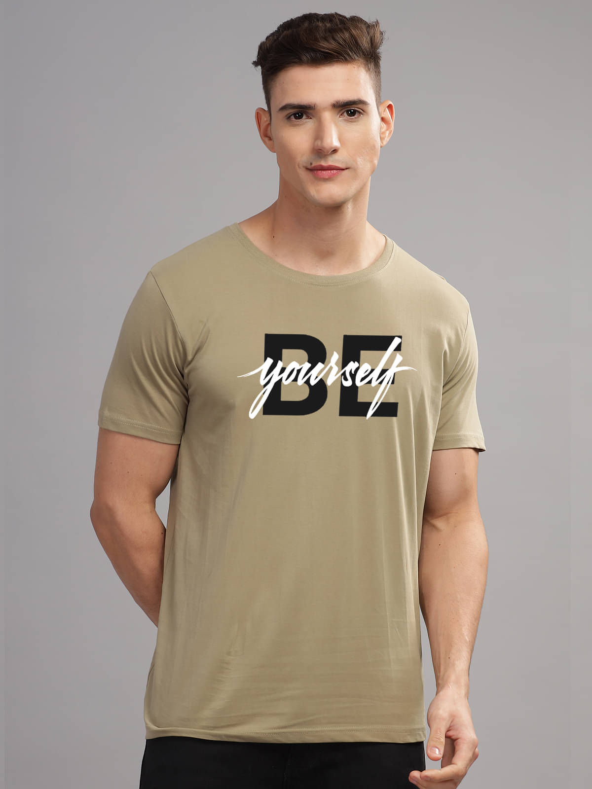 Adro Men Cotton Blend Regular Fit Printed T-Shirt ( Beige )     			Adro Men Cotton Blend Regular Fit Printed T-Shirt ( Beige )