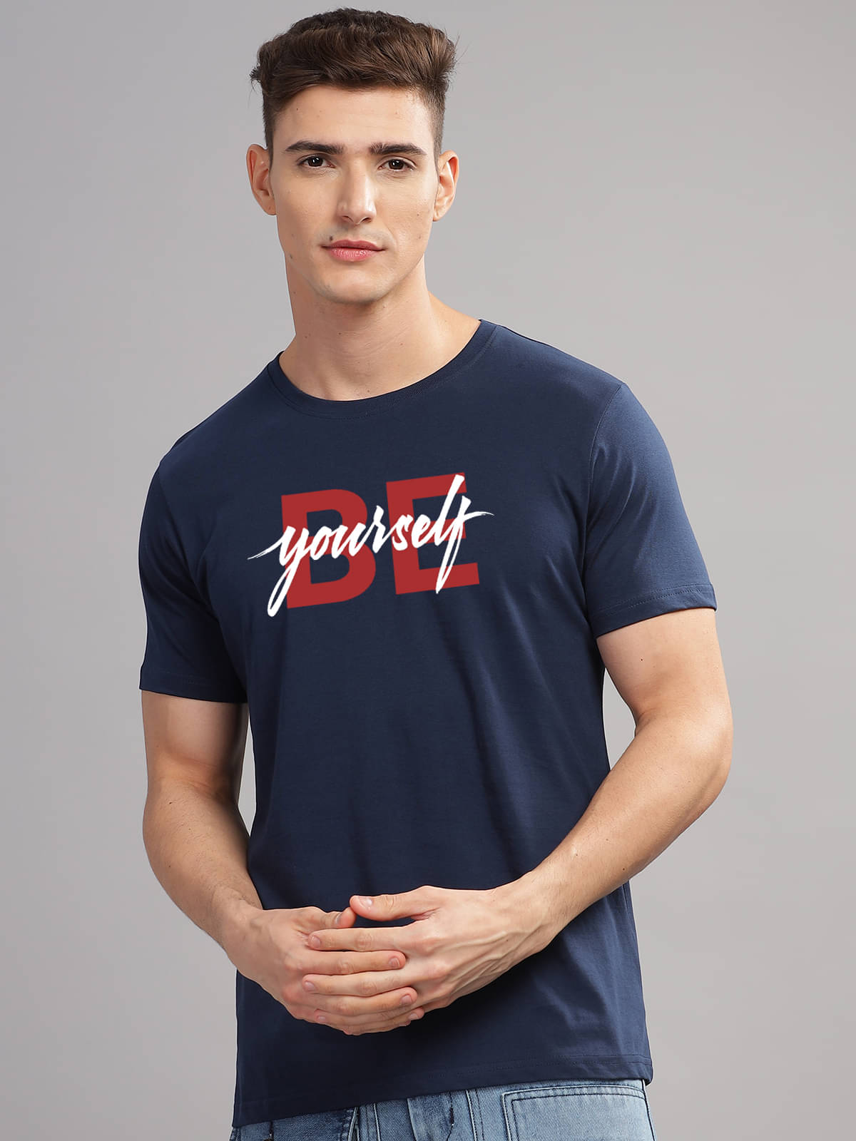     			Adro Men Cotton Blend Regular Fit Printed T-Shirt ( Navy Blue )