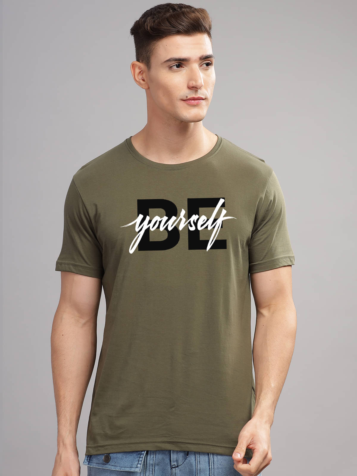     			Adro Men Cotton Blend Regular Fit Printed T-Shirt ( Olive )