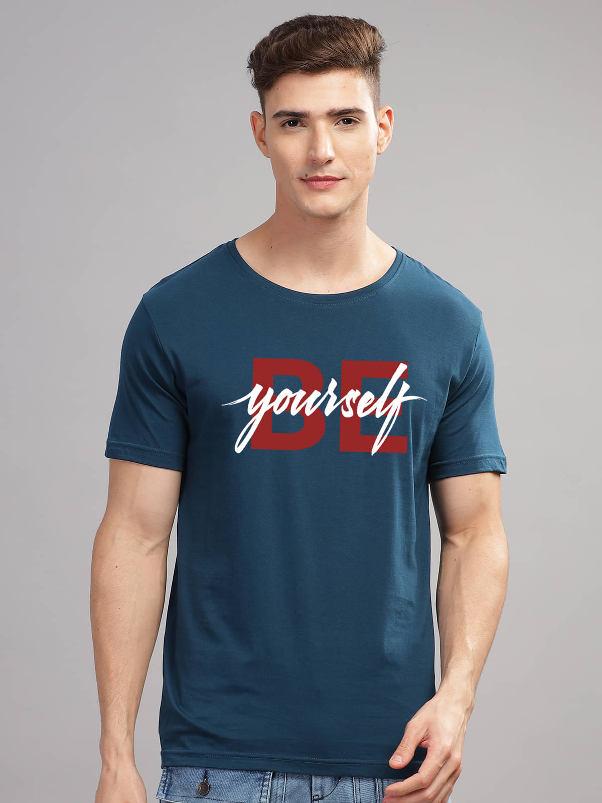 Adro Men Cotton Blend Regular Fit Printed T-Shirt ( Teal Blue )     			Adro Men Cotton Blend Regular Fit Printed T-Shirt ( Teal Blue )