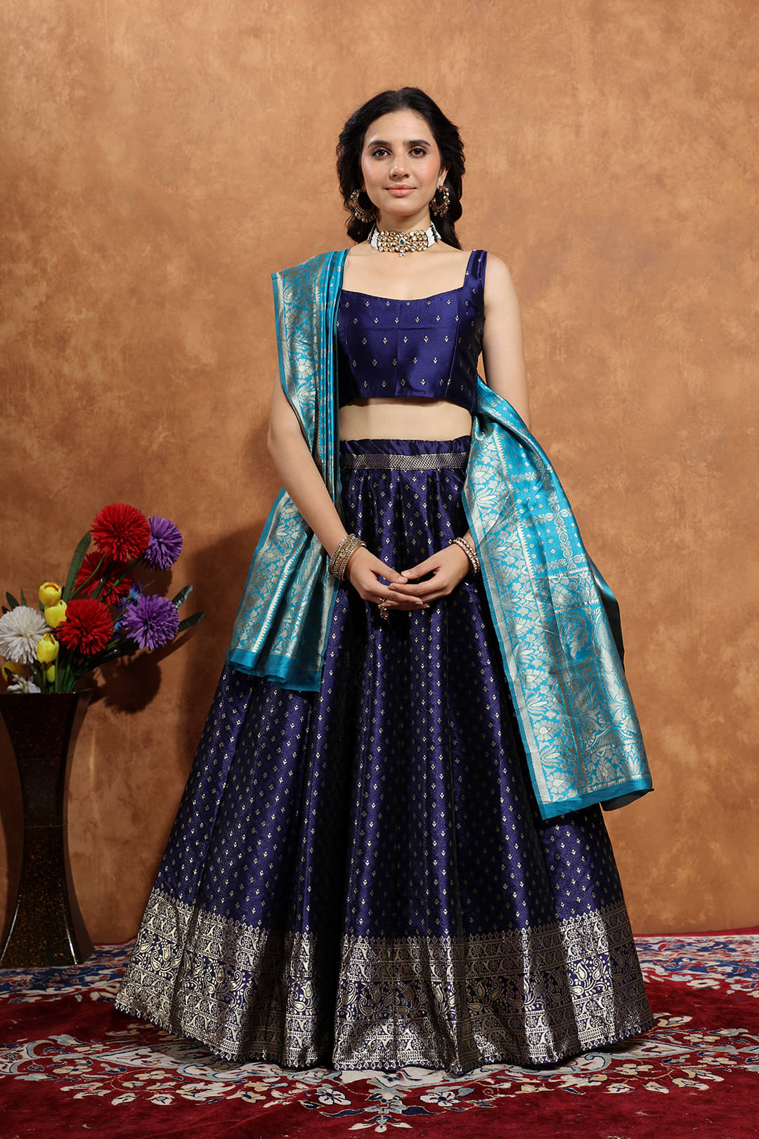     			Apnisha Women Art Silk Saree Style Unstitched Lehenga Choli ( Navy )