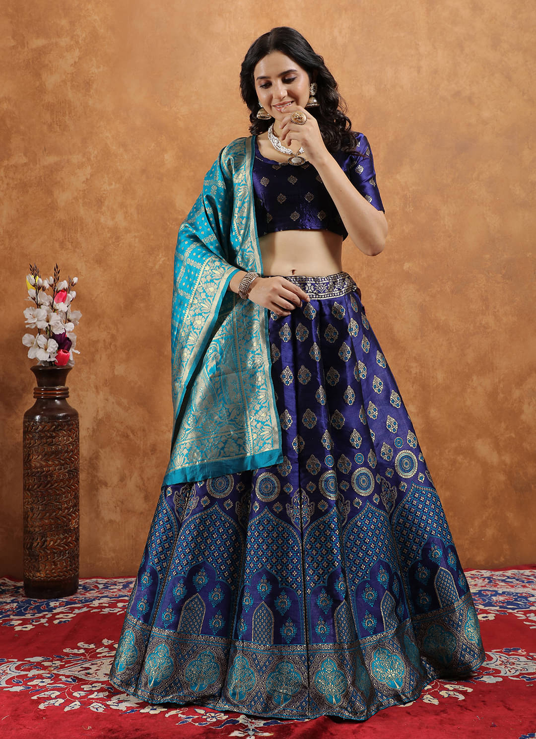     			Apnisha Women Art Silk Saree Style Unstitched Lehenga Choli ( Navy )