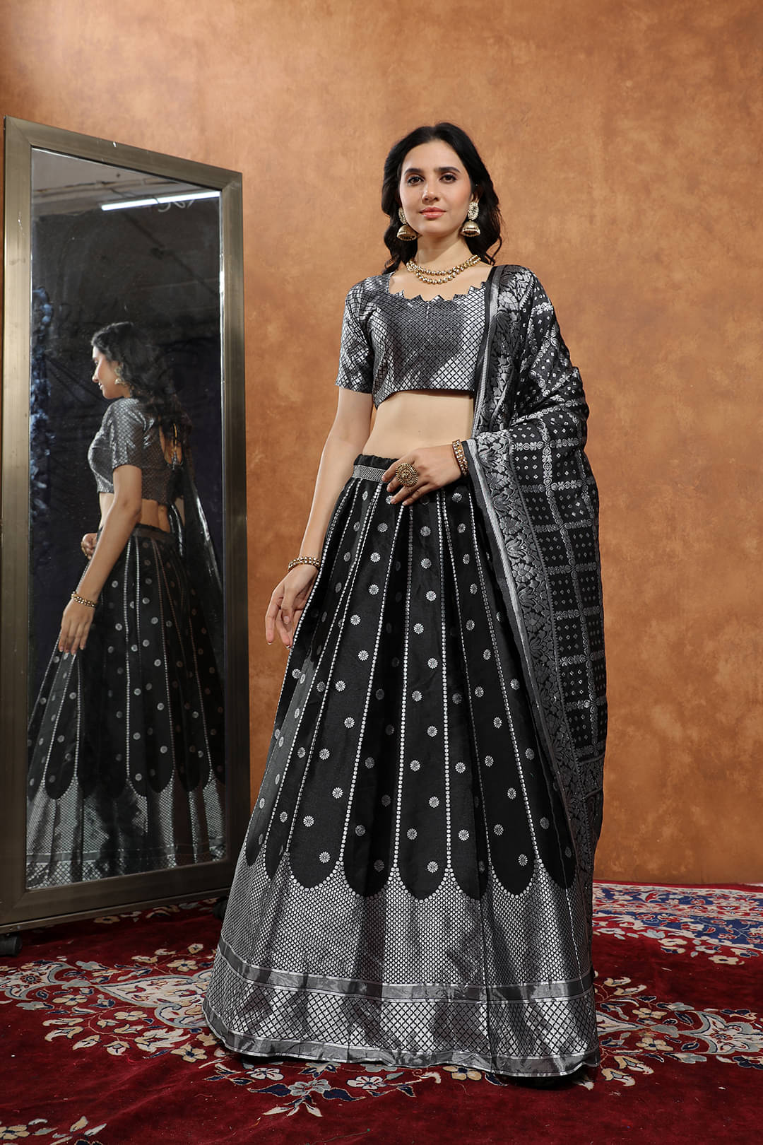     			Apnisha Women Art Silk Saree Style Unstitched Lehenga Choli ( Black )