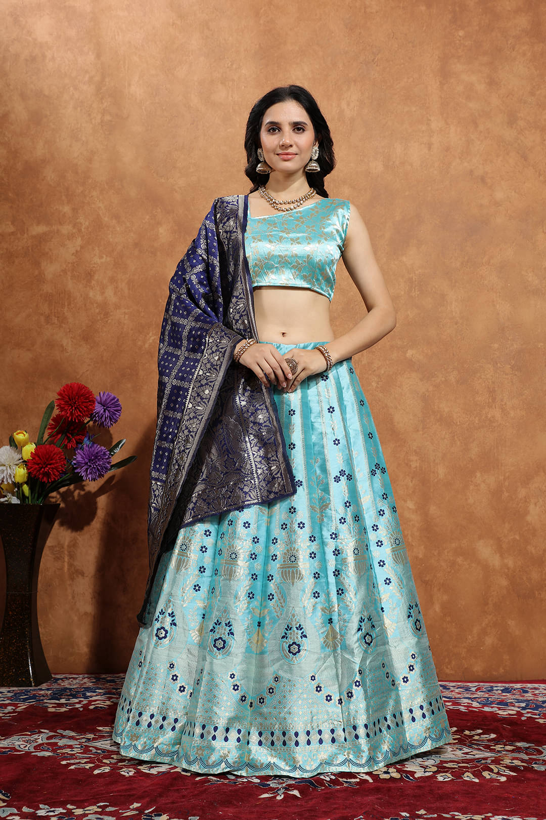     			Apnisha Women Art Silk Saree Style Unstitched Lehenga Choli ( Turquoise )