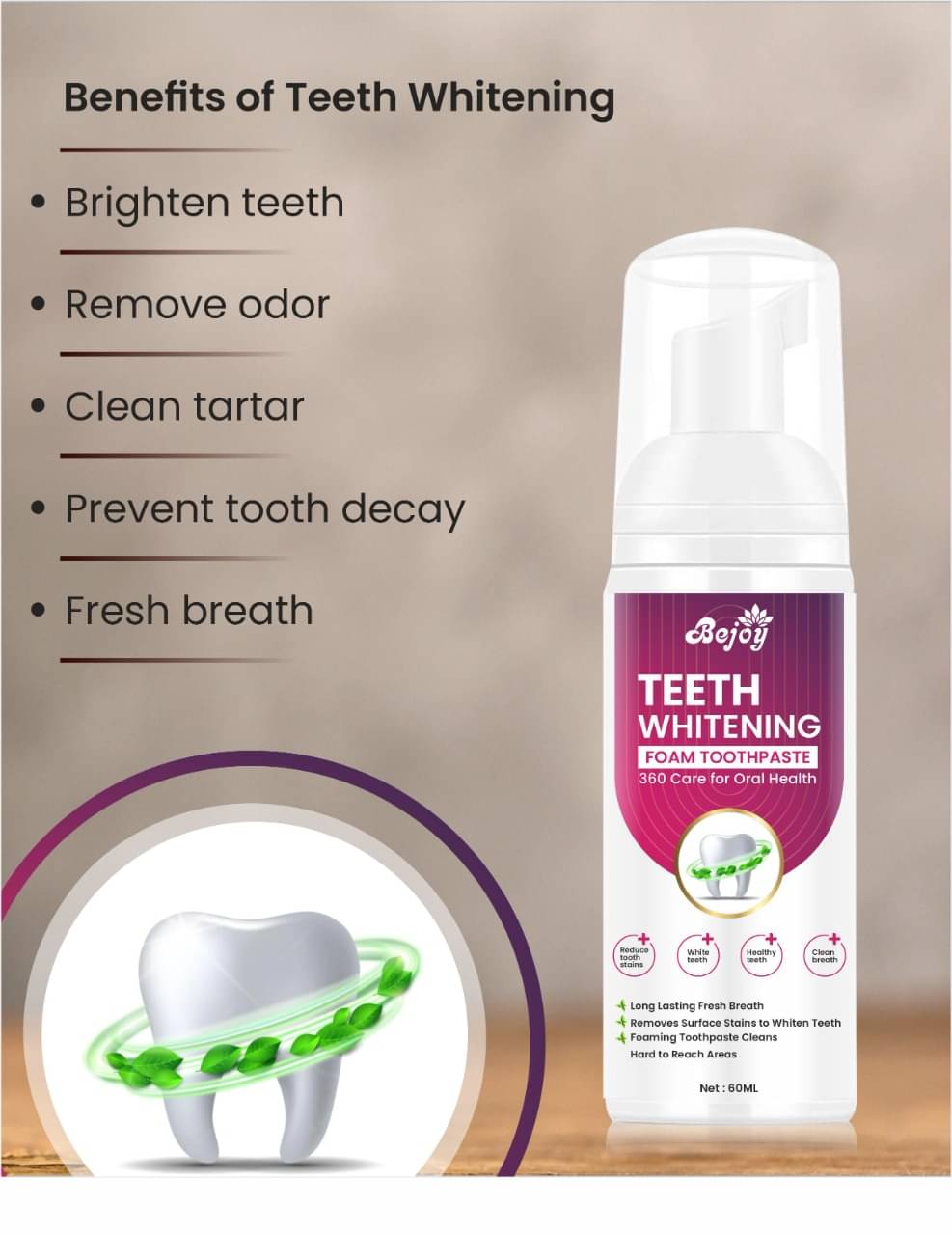 BEJOY Teeth whitening foaming Mouthwash Liquid 60 mL BEJOY Teeth whitening foaming Mouthwash Liquid 60 mL