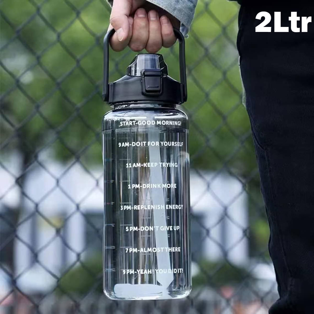     			CRAYLUXE 2 Litre Motivational Water Bottle Transparent Multicolour Plastic Water Bottle 2000 mL ( Set of 1 )