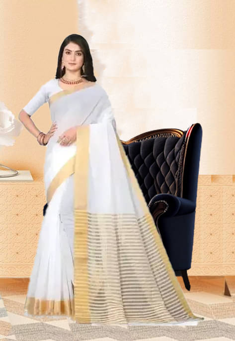 EARTHSPARROW Cotton Solid Kasavu Saree With Unstitched Blouse Piece ( White )     			EARTHSPARROW Cotton Solid Kasavu Saree With Unstitched Blouse Piece ( White )
