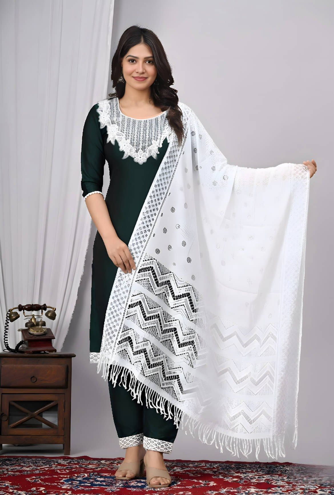 EXPORTHOUSE Women Silk Blend Embroidered Straight Kurti With Pants ( Dark Green ) EXPORTHOUSE Women Silk Blend Embroidered Straight Kurti With Pants ( Dark Green )