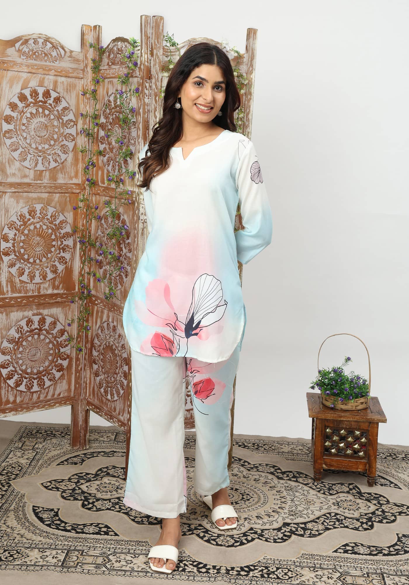 Flavia Creation Women Printed Top With Trousers Co-Ord Set ( Multicolor )