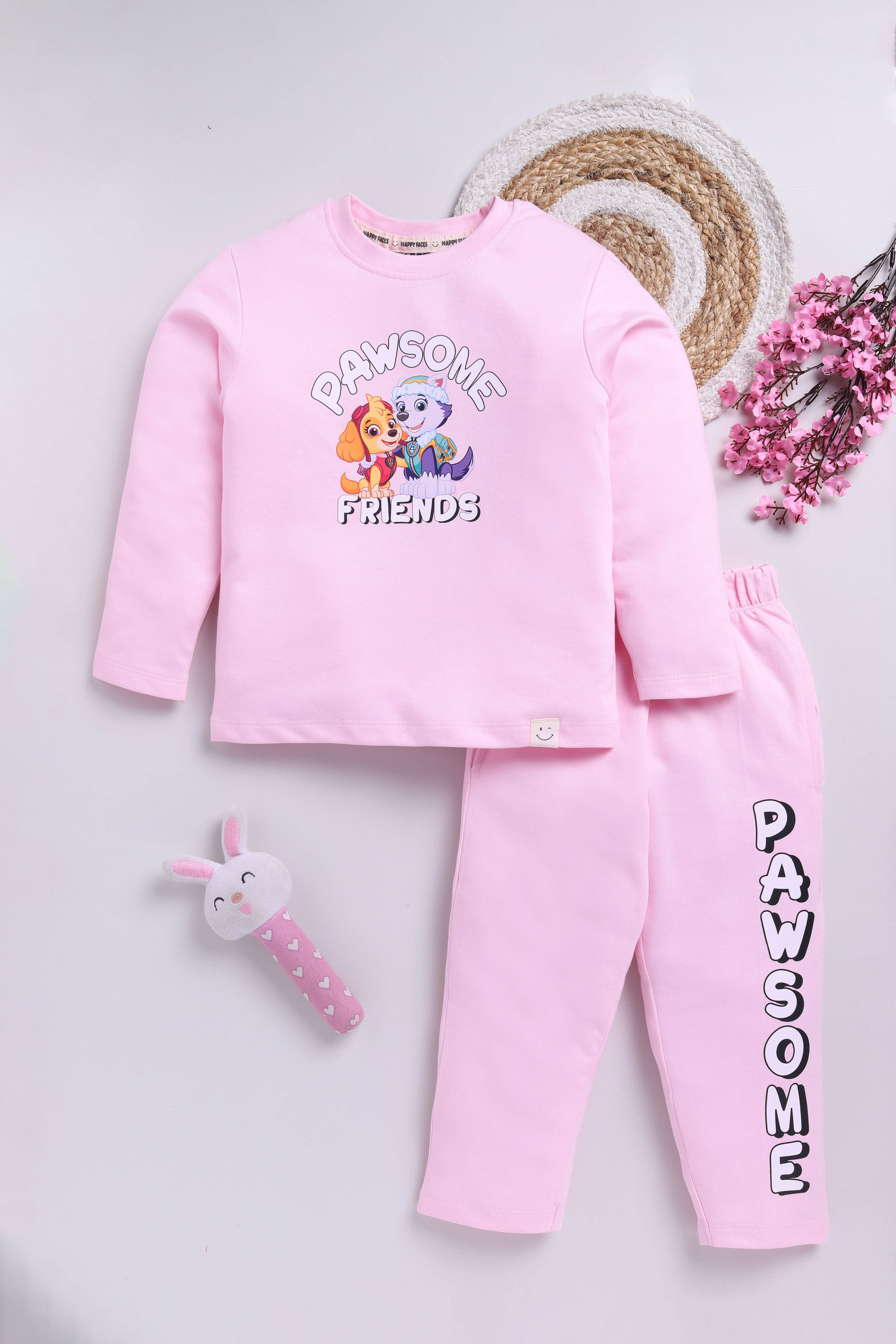     			HAPPY FACES Pack of 1 Girls 100% Cotton T-shirt & Pants ( Pink )