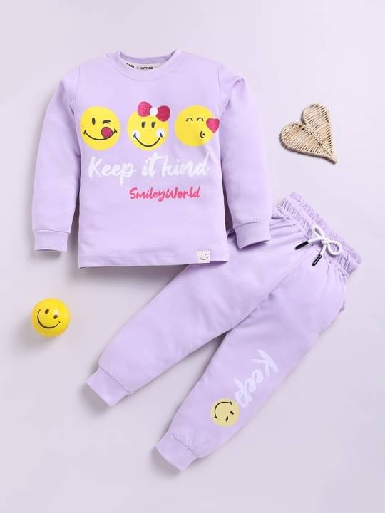     			HAPPY FACES Pack of 1 Girls 100% Cotton T-shirt & Pants ( Mauve )