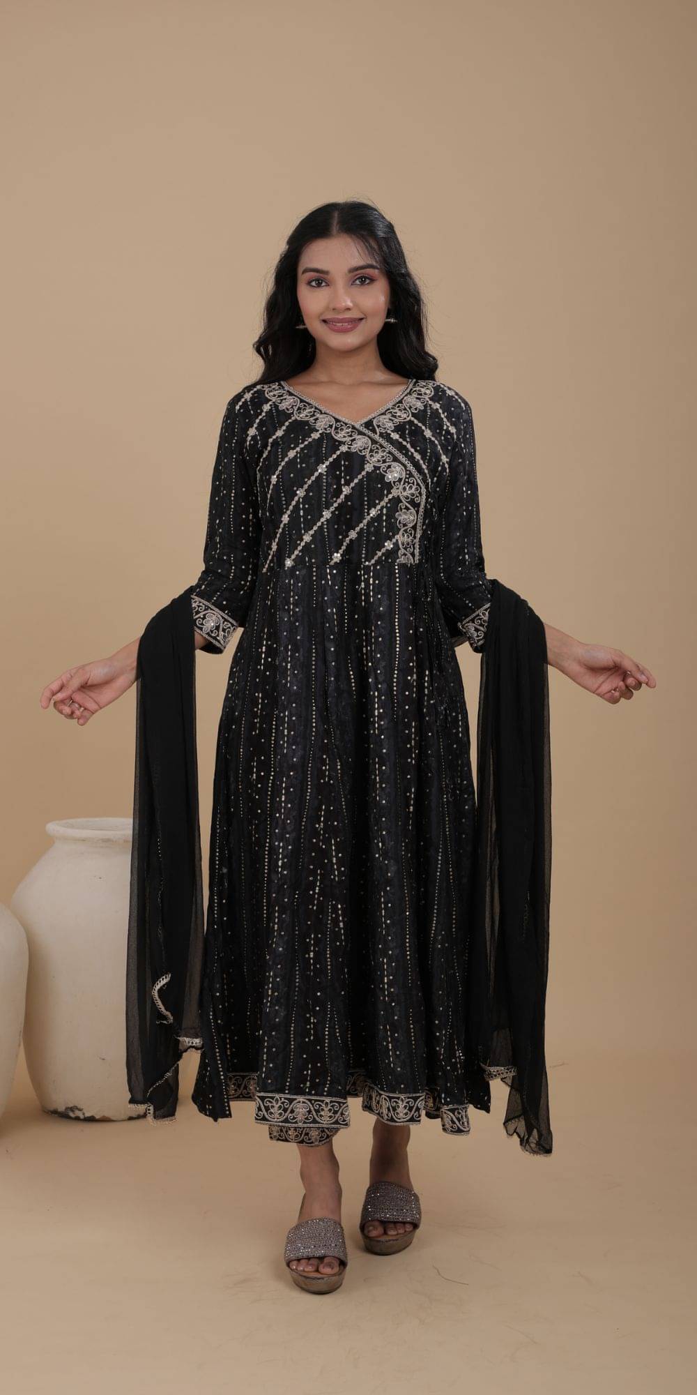     			HOUSE OF REVATI Women Rayon Embroidered Anarkali Kurti With Pants ( Black )