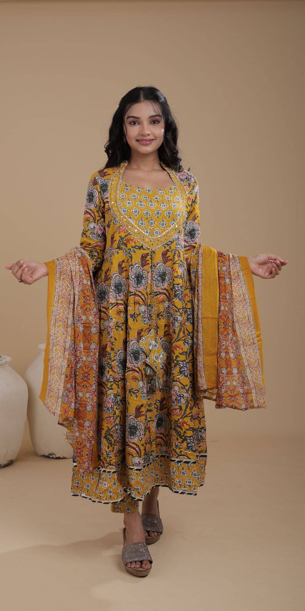     			HOUSE OF REVATI Women Rayon Printed Anarkali Kurti With Pants ( Yellow )