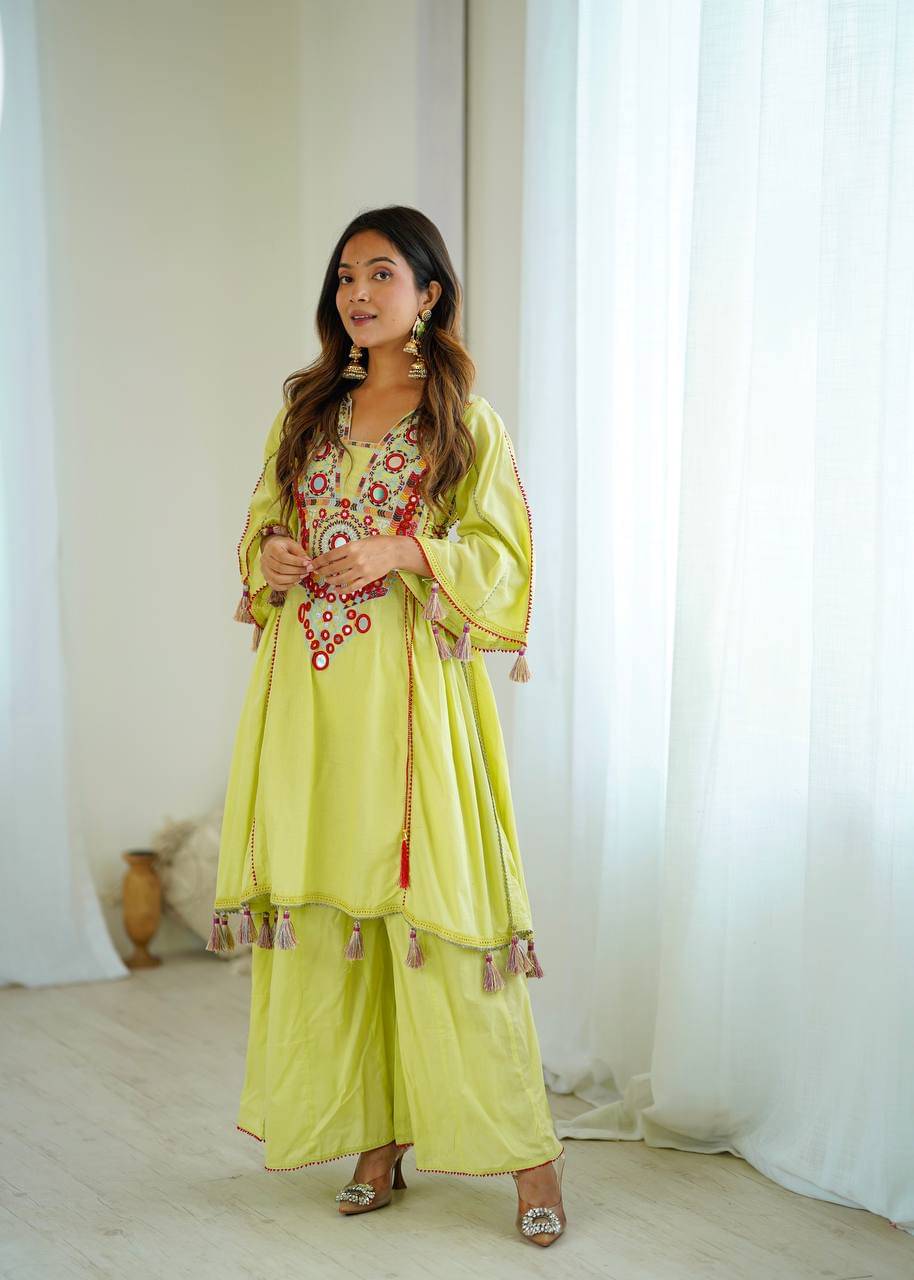     			INDIAN SILKS Women Cotton Embroidered Straight Kurti With Palazzo ( Lime Green )