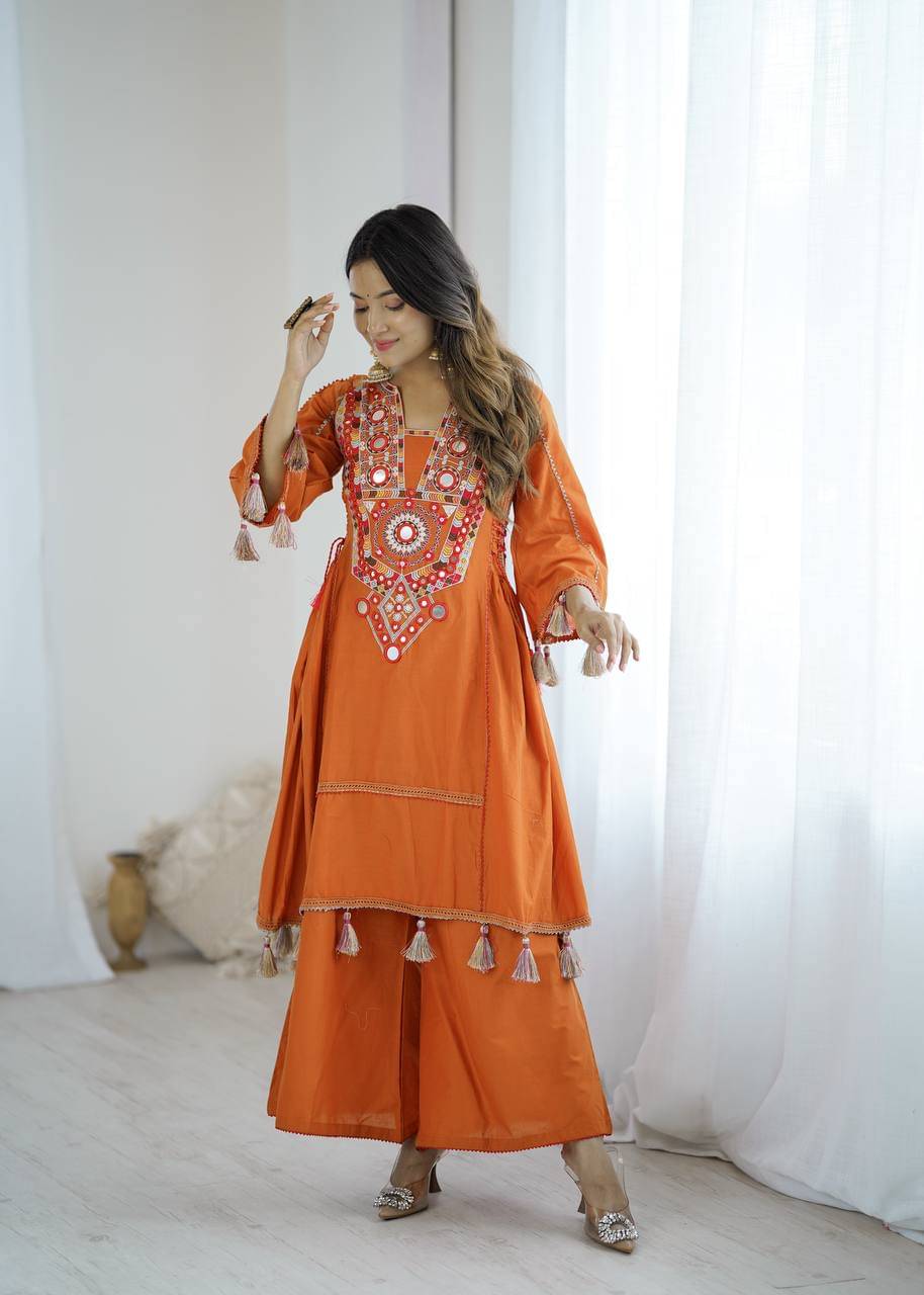     			INDIAN SILKS Women Cotton Embroidered Straight Kurti With Palazzo ( Orange )