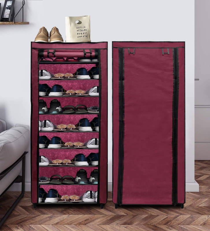     			Konline Collapsible 9 Layer Metal Shoe Rack with Dustproof Zip Cover - DIY MultiPurpose Shoe Rack Organizer (Maroon)