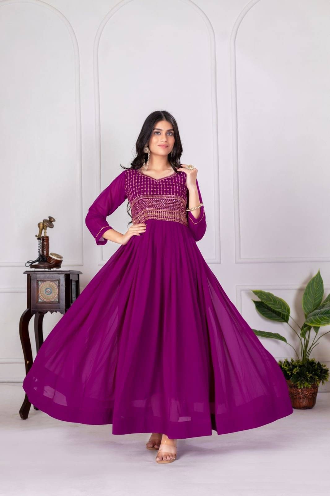     			Maa Enterprise Women Georgette Anarkali Stitched Ethnic Gown ( Purple )